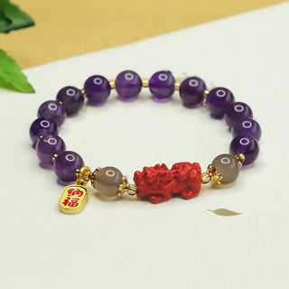 Buddha Gift Natural Amethyst Cinnabar Pi Xiu Fu Character Balance Bracelet
