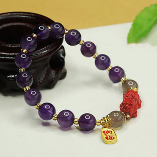 Buddha Gift Natural Amethyst Cinnabar Pi Xiu Fu Character Balance Bracelet