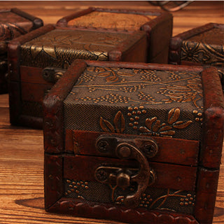 Buddha Gift Retro Small Square Wood Jewelry Box Lotus Grass Flower Grape Copper Coin Daffodil Jewelry Storage Box