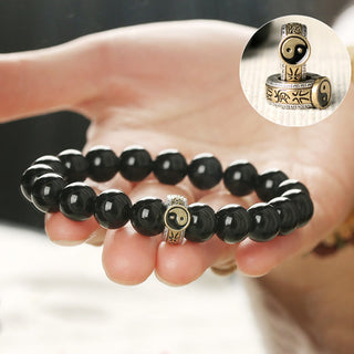 Buddha Gift Black Obsidian Yin Yang Nine-Character Mantra Fulfilment Bracelet