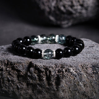 Buddha Gift 925 Sterling Silver Black Obsidian Green Phantom Strength Bracelet