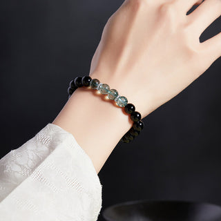 Buddha Gift 925 Sterling Silver Black Obsidian Green Phantom Strength Bracelet