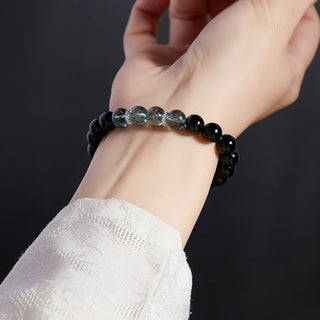 Buddha Gift 925 Sterling Silver Black Obsidian Green Phantom Strength Bracelet