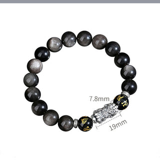 Buddha Gift 999 Sterling Silver PiXiu Natural Black Obsidian Strength Bracelet