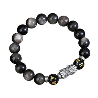 Buddha Gift 999 Sterling Silver PiXiu Natural Black Obsidian Strength Bracelet