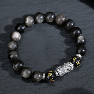 Buddha Gift 999 Sterling Silver PiXiu Natural Black Obsidian Strength Bracelet