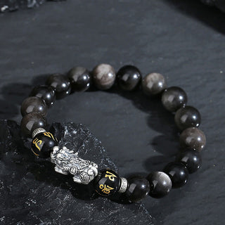 Buddha Gift 999 Sterling Silver PiXiu Natural Black Obsidian Strength Bracelet