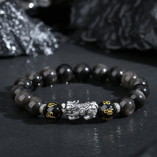 Buddha Gift 999 Sterling Silver PiXiu Natural Black Obsidian Strength Bracelet