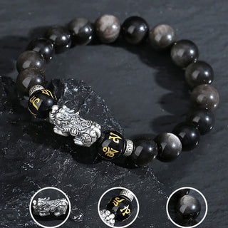 Buddha Gift 999 Sterling Silver PiXiu Natural Black Obsidian Strength Bracelet