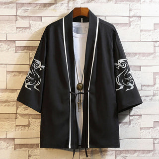 Buddha Gift Embroidery Dragon Phoenix Auspicious Cloud Waves Leaves Cranes Open Front Jacket Men's Kimono