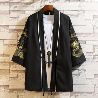 Buddha Gift Embroidery Dragon Phoenix Auspicious Cloud Waves Leaves Cranes Open Front Jacket Men's Kimono