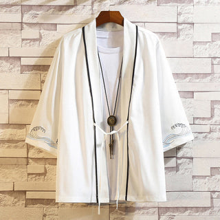 Buddha Gift Embroidery Dragon Phoenix Auspicious Cloud Waves Leaves Cranes Open Front Jacket Men's Kimono