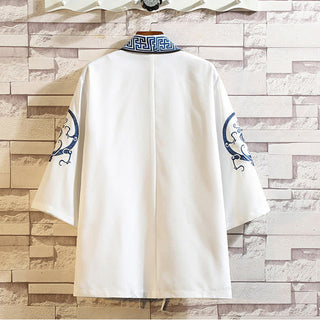 Buddha Gift Embroidery Dragon Phoenix Auspicious Cloud Waves Leaves Cranes Open Front Jacket Men's Kimono