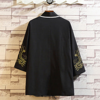 Buddha Gift Embroidery Dragon Phoenix Auspicious Cloud Waves Leaves Cranes Open Front Jacket Men's Kimono
