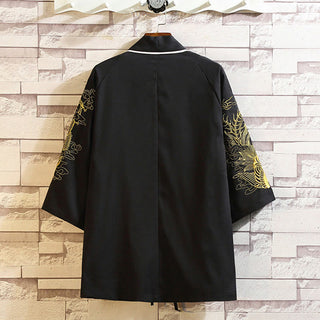 Buddha Gift Embroidery Dragon Phoenix Auspicious Cloud Waves Leaves Cranes Open Front Jacket Men's Kimono
