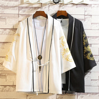 Buddha Gift Embroidery Dragon Phoenix Auspicious Cloud Waves Leaves Cranes Open Front Jacket Men's Kimono
