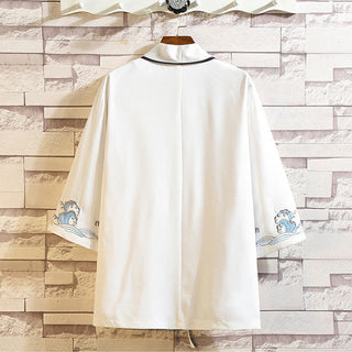 Buddha Gift Embroidery Dragon Phoenix Auspicious Cloud Waves Leaves Cranes Open Front Jacket Men's Kimono