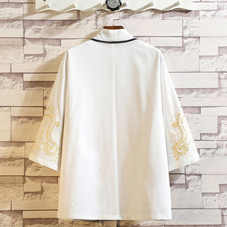 Buddha Gift Embroidery Dragon Phoenix Auspicious Cloud Waves Leaves Cranes Open Front Jacket Men's Kimono