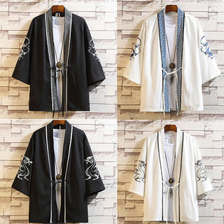 Buddha Gift Embroidery Dragon Phoenix Auspicious Cloud Waves Leaves Cranes Open Front Jacket Men's Kimono