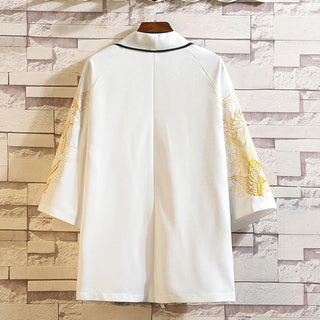 Buddha Gift Embroidery Dragon Phoenix Auspicious Cloud Waves Leaves Cranes Open Front Jacket Men's Kimono