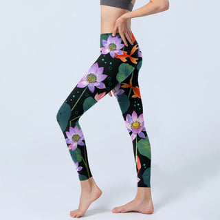 Buddha Gift Blooming Light Purple Lotus Flower Lotus Leaves Koi Fish Pattern Print Gym Leggings Women's Yoga Pants