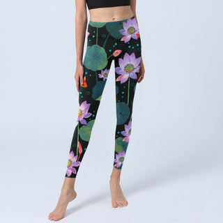 Buddha Gift Blooming Light Purple Lotus Flower Lotus Leaves Koi Fish Pattern Print Gym Leggings Women's Yoga Pants