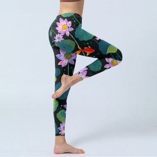 Buddha Gift Blooming Light Purple Lotus Flower Lotus Leaves Koi Fish Pattern Print Gym Leggings Women's Yoga Pants