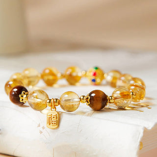 Buddha Gift 925 Sterling Silver Fu Character Citrine Tiger Eye Protection Bracelet