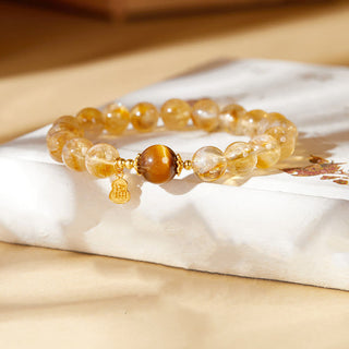 Buddha Gift 925 Sterling Silver Gourd Fu Character Citrine Tiger Eye Prosperity Bracelet