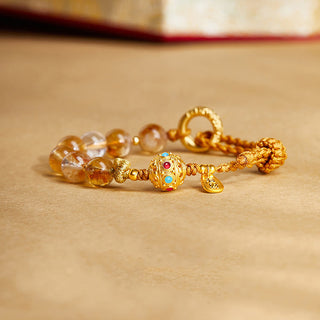 Buddha Gift 925 Sterling Silver Natural Citrine White Crystal Peace Buckle Meaning Fu Character Protection Braided String Bracelet