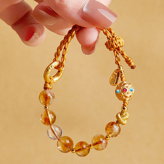Buddha Gift 925 Sterling Silver Natural Citrine White Crystal Peace Buckle Meaning Fu Character Protection Braided String Bracelet