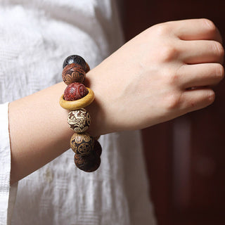 Buddha Gift Carving Sandalwood Chinese Zodiac Auspicious Dragon Phoenix Fu Character Healing Bracelet