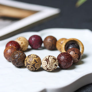 Buddha Gift Carving Sandalwood Chinese Zodiac Auspicious Dragon Phoenix Fu Character Healing Bracelet