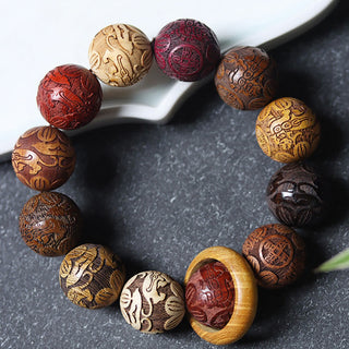Buddha Gift Carving Sandalwood Chinese Zodiac Auspicious Dragon Phoenix Fu Character Healing Bracelet