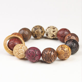 Buddha Gift Carving Sandalwood Chinese Zodiac Auspicious Dragon Phoenix Fu Character Healing Bracelet