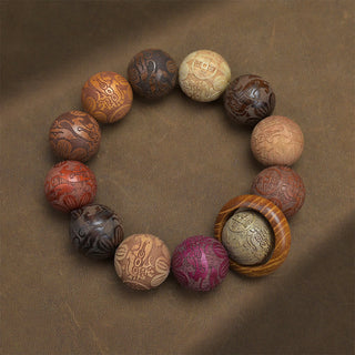 Buddha Gift Carving Sandalwood Chinese Zodiac Auspicious Dragon Phoenix Fu Character Healing Bracelet