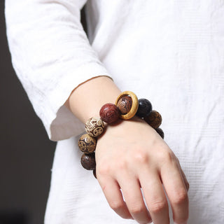 Buddha Gift Carving Sandalwood Chinese Zodiac Auspicious Dragon Phoenix Fu Character Healing Bracelet