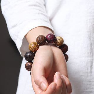 Buddha Gift Carving Sandalwood Chinese Zodiac Auspicious Dragon Phoenix Fu Character Healing Bracelet