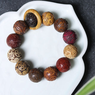 Buddha Gift Carving Sandalwood Chinese Zodiac Auspicious Dragon Phoenix Fu Character Healing Bracelet