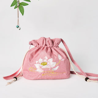 Buddha Gift Embroidered Light Pink Lotus Cotton Linen Crossbody Bag Shoulder Bag