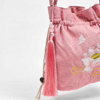 Buddha Gift Embroidered Light Pink Lotus Cotton Linen Crossbody Bag Shoulder Bag