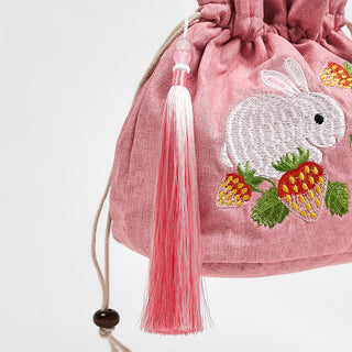 Buddha Gift Embroidered Pink Strawberry Rabbit Cotton Linen Crossbody Bag Shoulder Bag