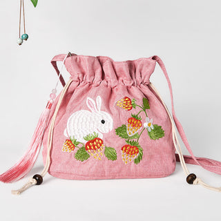 Buddha Gift Embroidered Pink Strawberry Rabbit Cotton Linen Crossbody Bag Shoulder Bag