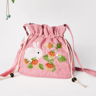 Buddha Gift Embroidered Pink Strawberry Rabbit Cotton Linen Crossbody Bag Shoulder Bag