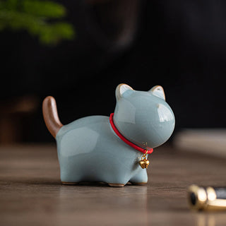 Buddha Gift Mini Lucky Cute Standing Cat Red Rope Bell Ceramic Figurine Decoration