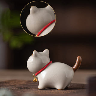Buddha Gift Mini Lucky Cute Standing Cat Red Rope Bell Ceramic Figurine Decoration