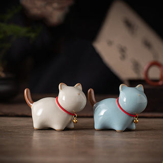 Buddha Gift Mini Lucky Cute Standing Cat Red Rope Bell Ceramic Figurine Decoration