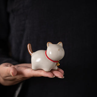 Buddha Gift Mini Lucky Cute Standing Cat Red Rope Bell Ceramic Figurine Decoration