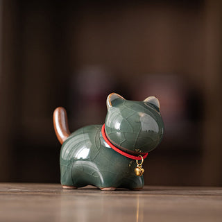 Buddha Gift Mini Lucky Cute Standing Cat Red Rope Bell Ceramic Figurine Decoration