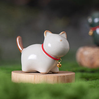 Buddha Gift Mini Lucky Cute Standing Cat Red Rope Bell Ceramic Figurine Decoration